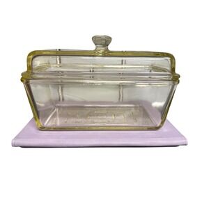 Vintage Westinghouse Glass Refrigerator Dish with Lid Clear Yellow Trim Logo